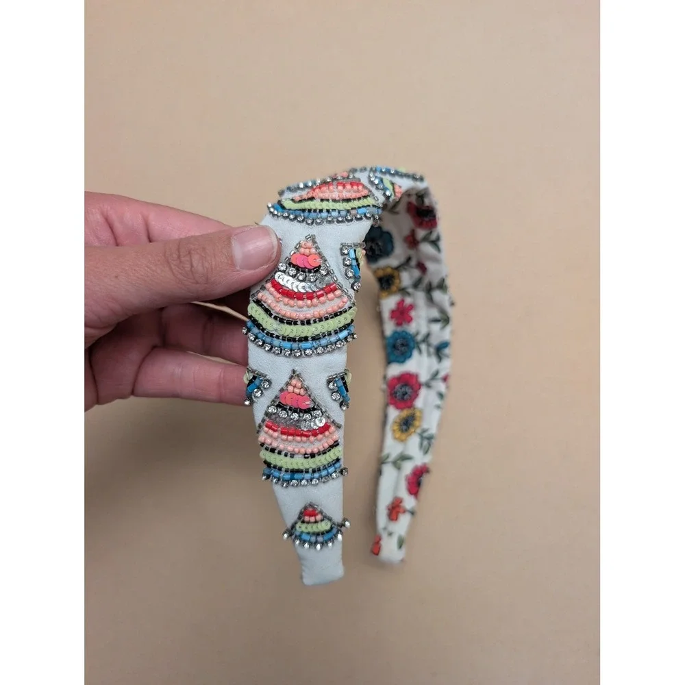 Anthropologie NAMJOSH Beaded Sequin Embellished Floral Headband Boho Preppy